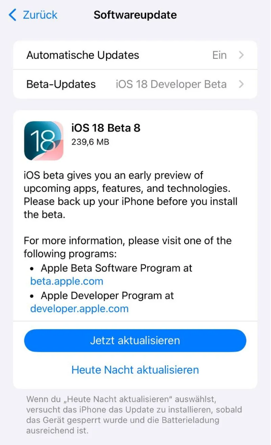 通州苹果手机维修分享苹果 iOS / iPadOS 18 开发者预览版 Beta 8 发布 